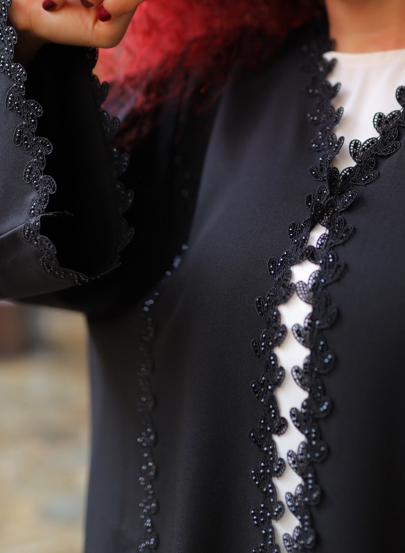 Black Abaya with Lace and Stone Embellishments with Sheila