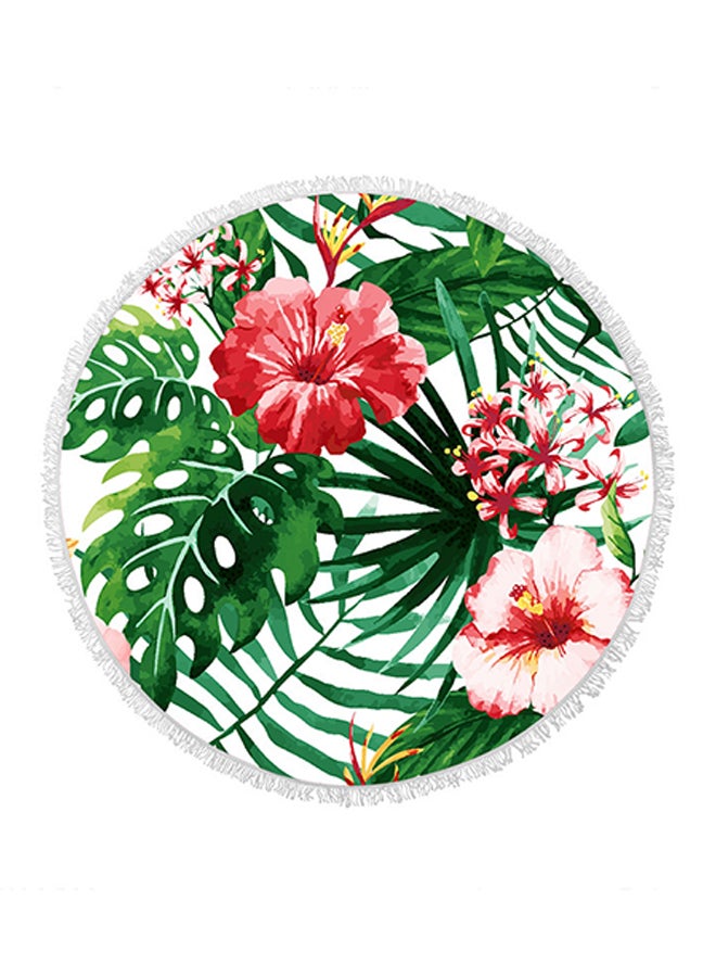 Hibiscus Round Fringed Towel Green/Red 150 × 150centimeter