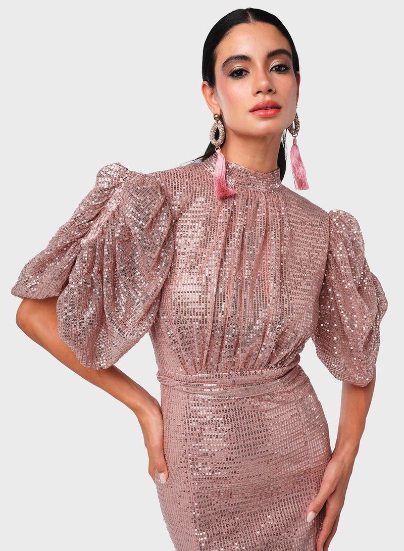 Back Open Sequin Puff Sleeve Dress