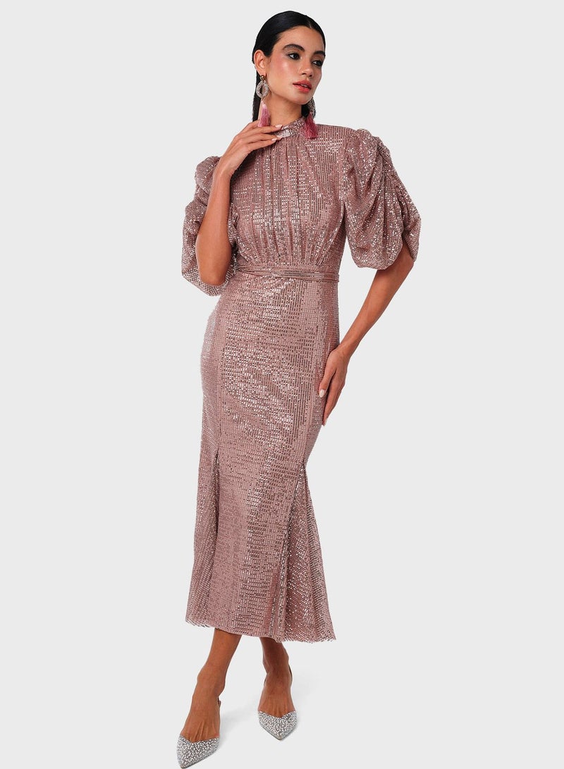 Back Open Sequin Puff Sleeve Dress