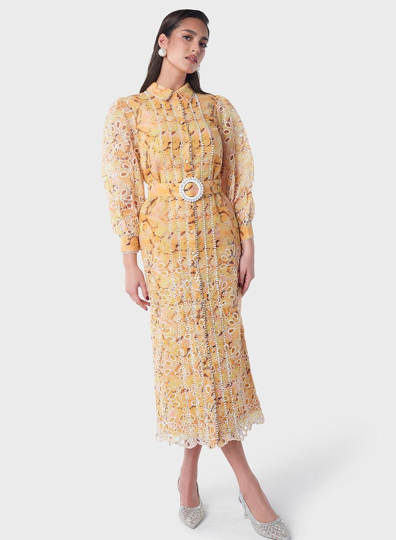 Printed Schiffli Shirt Dress