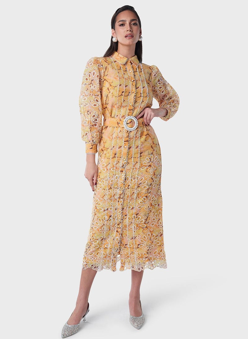 Printed Schiffli Shirt Dress