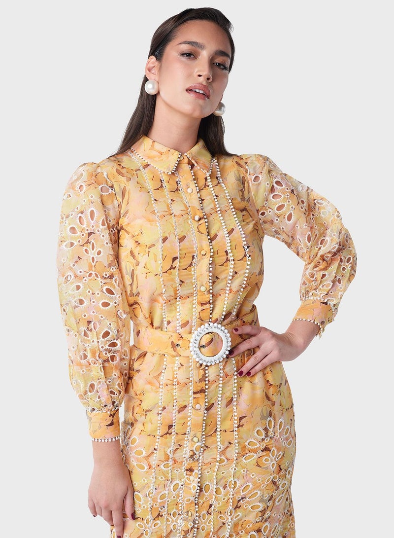 Printed Schiffli Shirt Dress