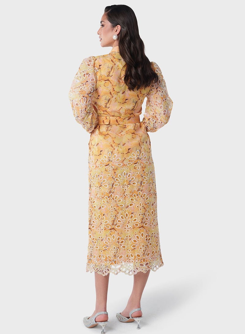 Printed Schiffli Shirt Dress