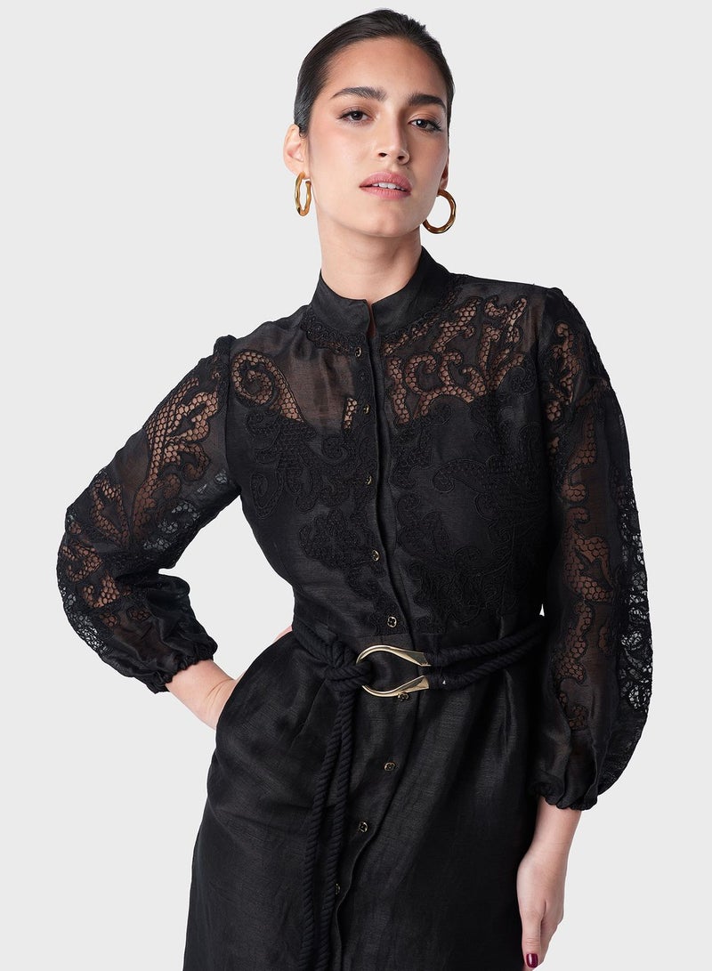 Uneven Lace Patch Shirt Dress