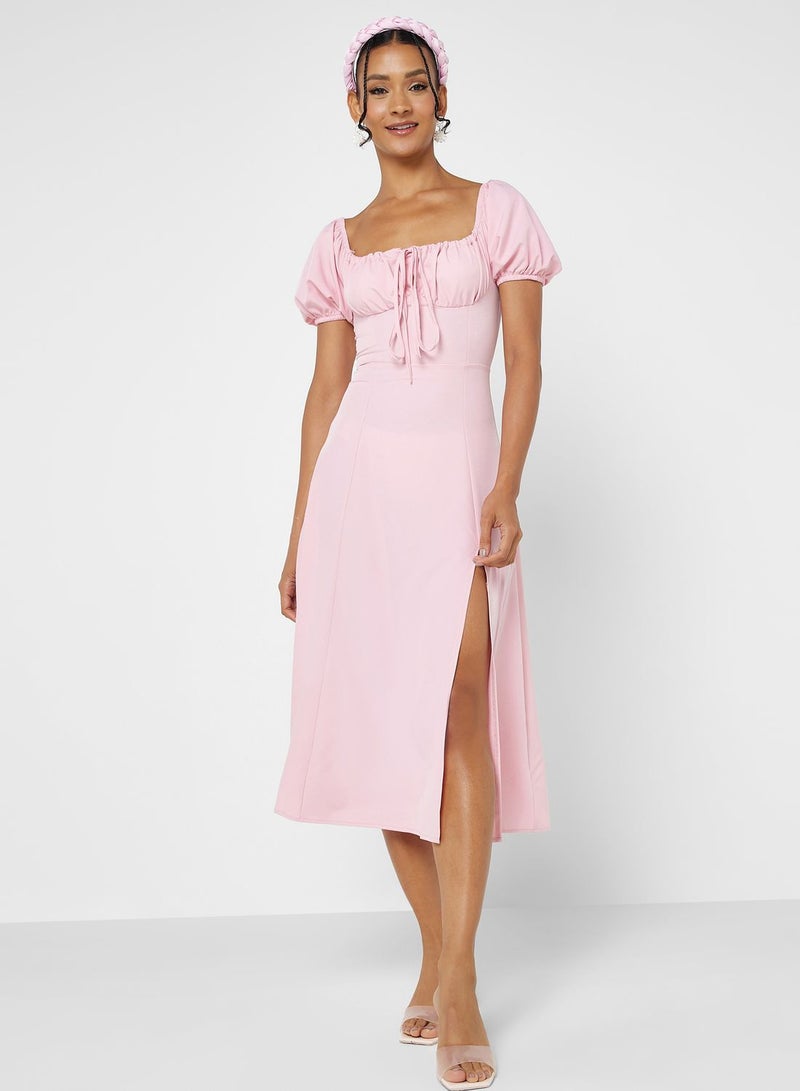 Square Neck A Line Dress With Side Slit