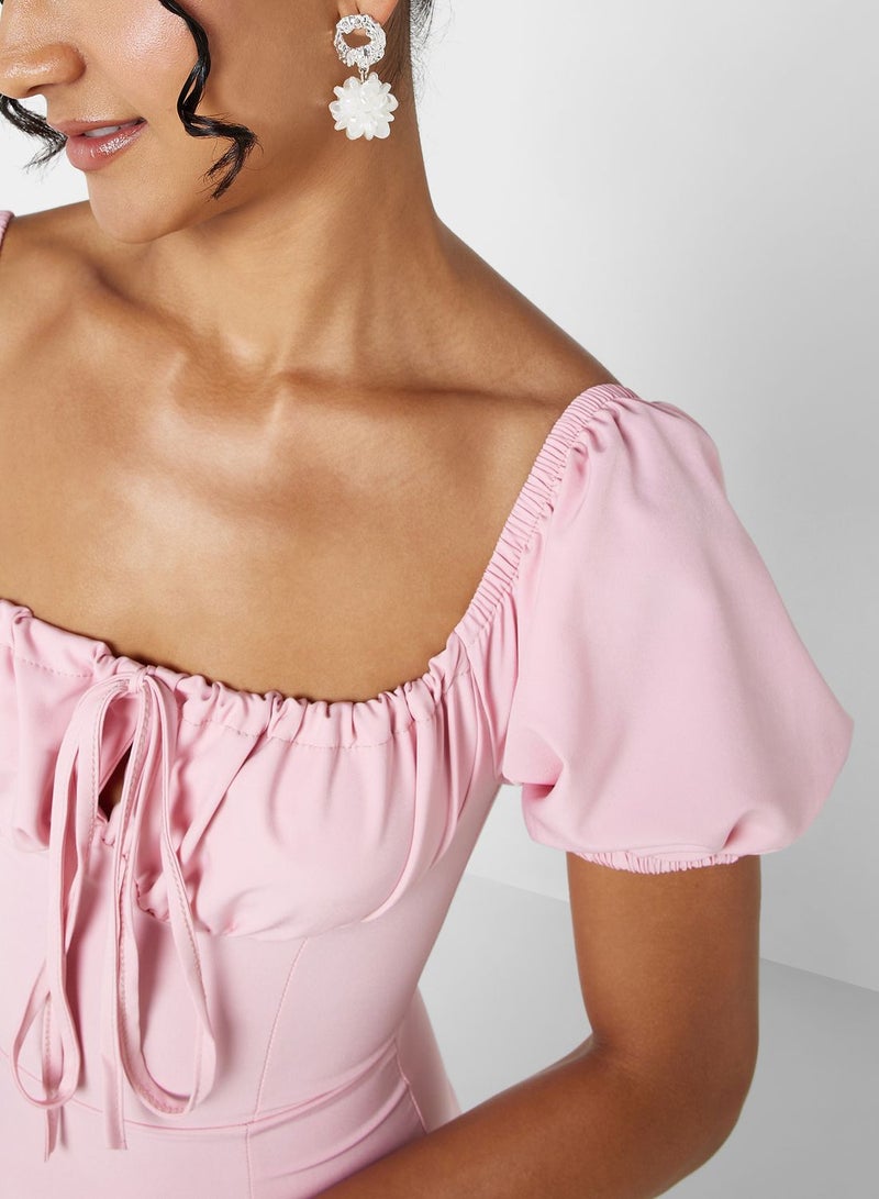 Square Neck A Line Dress With Side Slit