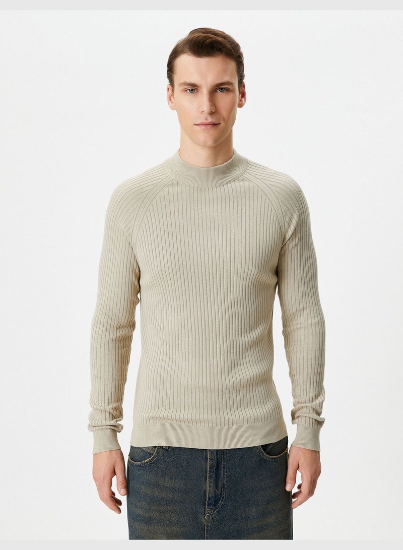 Slim Fit Raglan Sleeve High Neck Textured Knitwear Sweater