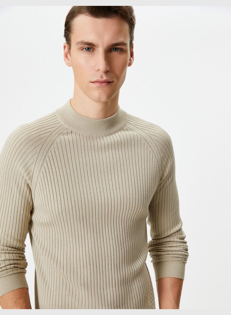 Slim Fit Raglan Sleeve High Neck Textured Knitwear Sweater