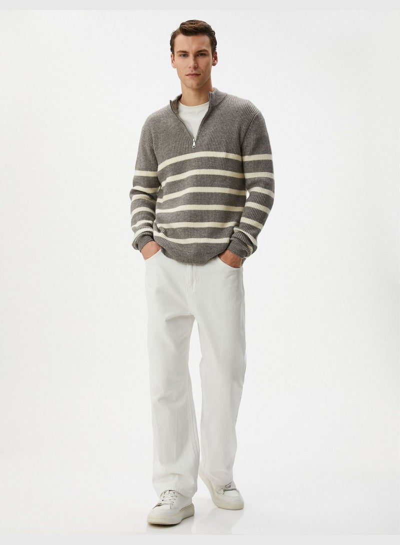 Half Zipper Long Sleeve Striped Knitwear Sweater