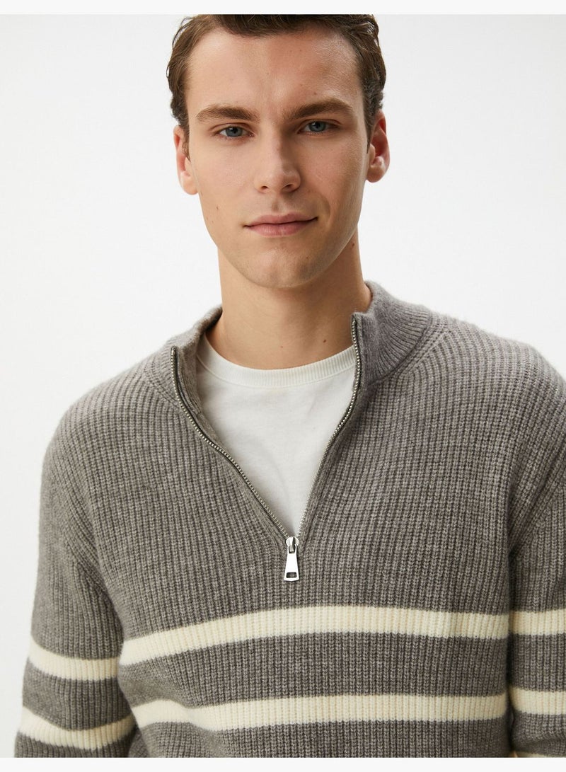 Half Zipper Long Sleeve Striped Knitwear Sweater