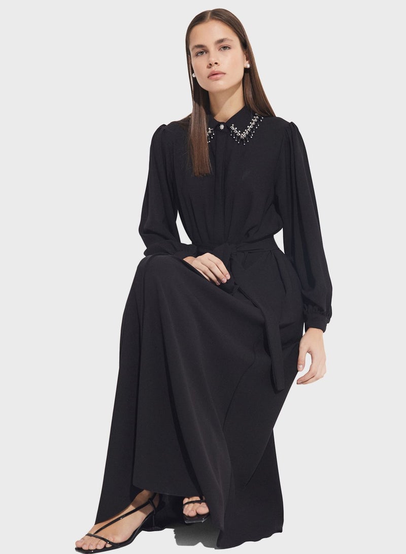 Embroidered Neck Puff Sleeve Dress