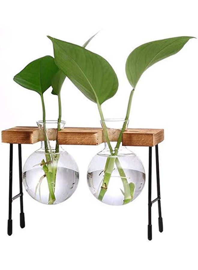 Desktop Glass Flower Pot 2 Bulbs Vase with Retro Solid Wood Small Bench Frame for Hydroponic Plant Family Garden Wedding Decoration