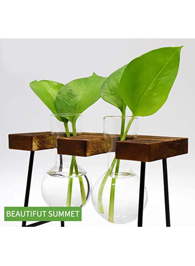 Desktop Glass Flower Pot 2 Bulbs Vase with Retro Solid Wood Small Bench Frame for Hydroponic Plant Family Garden Wedding Decoration