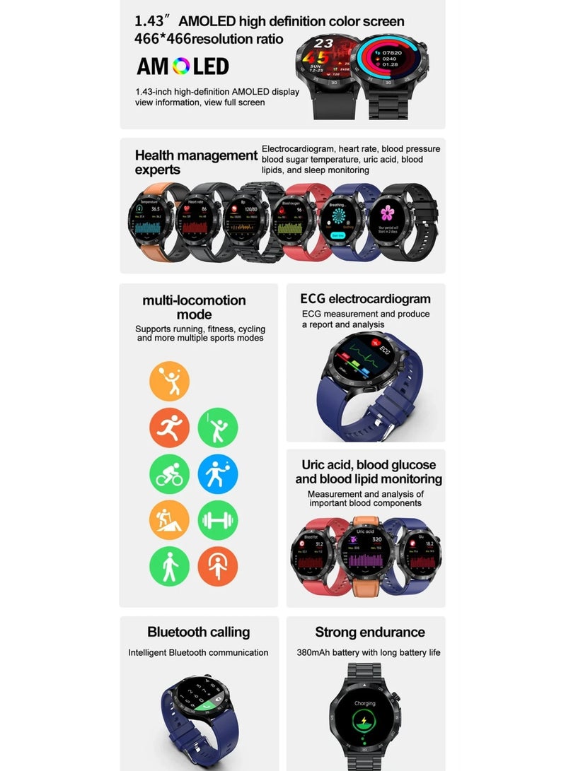 Blood Sugar Smart Watch Blood Lipid Uric Acid Health Monitor Sport Watch Smart ECG+PPG HD Bluetooth Call AI Voice Smartwatch SOS