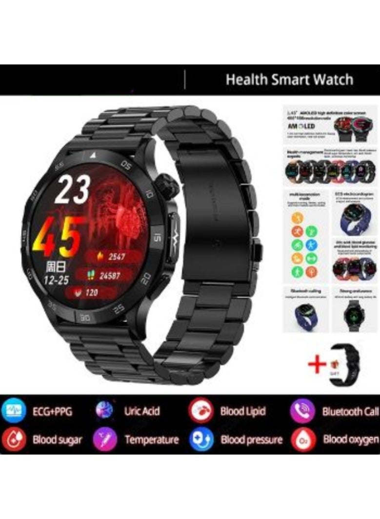 Blood Sugar Smart Watch Blood Lipid Uric Acid Health Monitor Sport Watch Smart ECG+PPG HD Bluetooth Call AI Voice Smartwatch SOS( Steel With 1 Extra Strap)