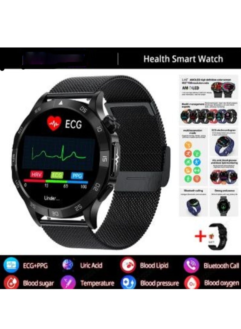 Blood Sugar Smart Watch Blood Lipid Uric Acid Health Monitor Sport Watch Smart ECG+PPG HD Bluetooth Call AI Voice Smartwatch SOS( Meshbelt With 1 Strap)