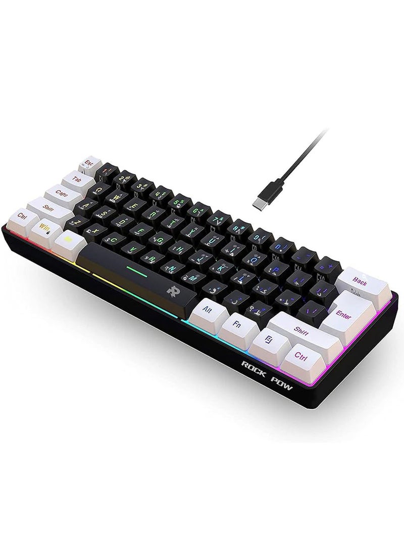 ROCK POW 60% Wired Gaming Keyboard Arabic English RGB Backlit 61 keys Small Membrane Gaming Keyboard Ultra-Compact Mini Waterproof Keyboard for PC Computer Gamer