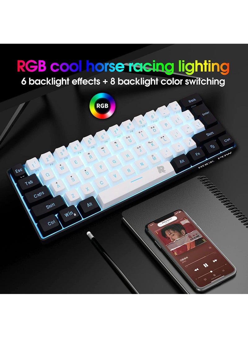 ROCK POW Arabic English 60% Wired Gaming Keyboard RGB Backlit 61 keys Membrane Gaming Keyboard, Ultra-Compact Mini Waterproof Keyboard for PC Computer Gamer  Black White