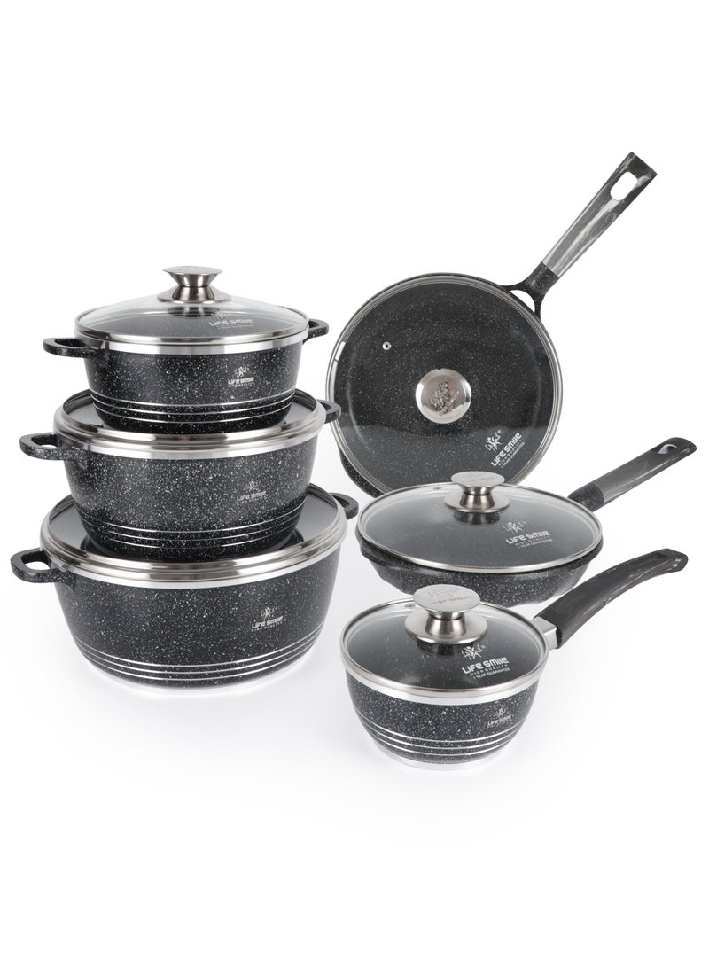 12Pcs Pots and Pans Set, Nonstick Cookware Sets, Black Granite Induction Cookware Non Stick Cooking Set Includes Casserroles 20/24/28cm, Frying Pans 24/28cm & Saucepans 16cm with Lid (PFOS, PFOA Free)