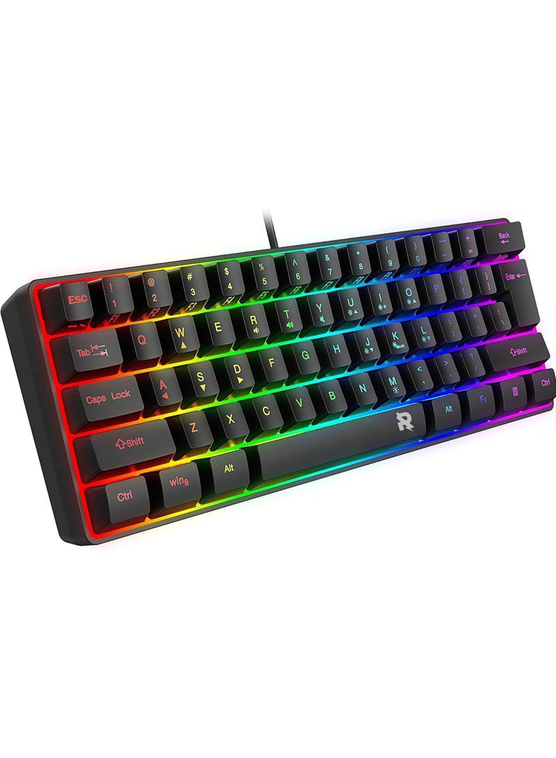 ROCK POW Arabic English 60% Wired Gaming Keyboard RGB Backlit Ultra-Compact Mini Keyboard Waterproof Small Compact 61 Keys Keyboard for PC/Mac Gamer Typist Travel Easy to Carry on Business Trip