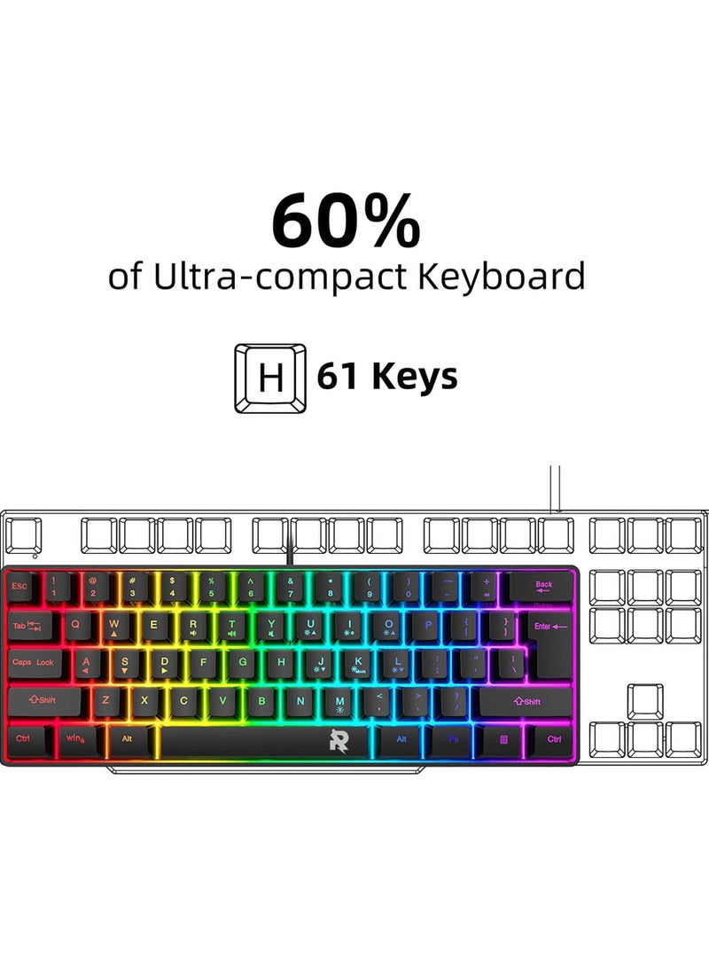 ROCK POW Arabic English 60% Wired Gaming Keyboard RGB Backlit Ultra-Compact Mini Keyboard Waterproof Small Compact 61 Keys Keyboard for PC/Mac Gamer Typist Travel Easy to Carry on Business Trip