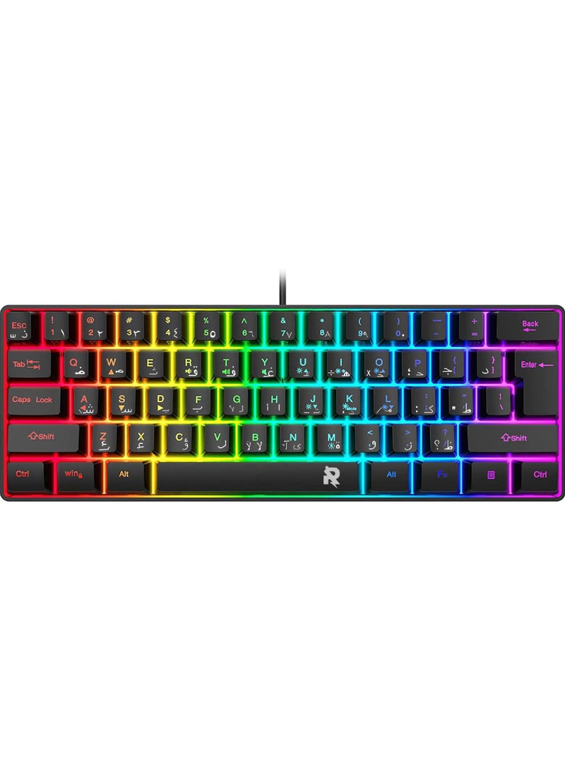 ROCK POW 60% Wired Gaming Keyboard Arabic English RGB Backlit Ultra-Compact Mini Keyboard Waterproof Small Compact 61 Keys Keyboard for PC/Mac Gamer Typist Travel Easy to Carry on Business Trip
