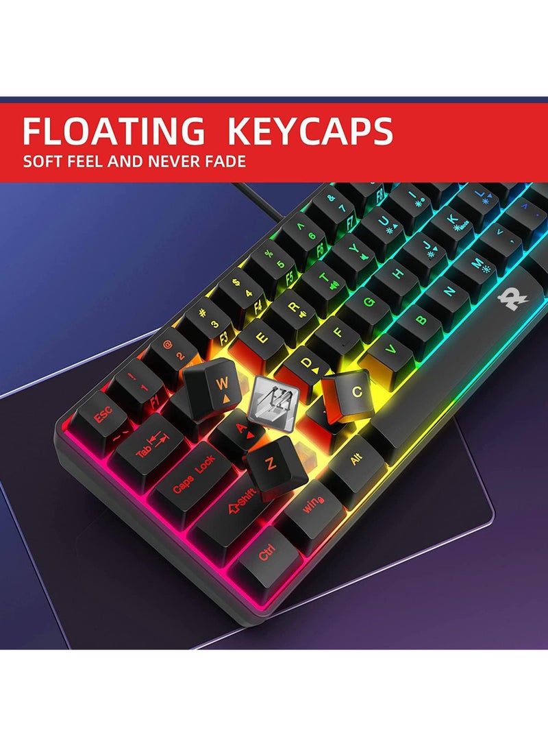 ROCK POW Arabic English 60% Wired Gaming Keyboard RGB Backlit Ultra-Compact Mini Keyboard Waterproof Small Compact 61 Keys Keyboard for PC/Mac Gamer Typist Travel Easy to Carry on Business Trip