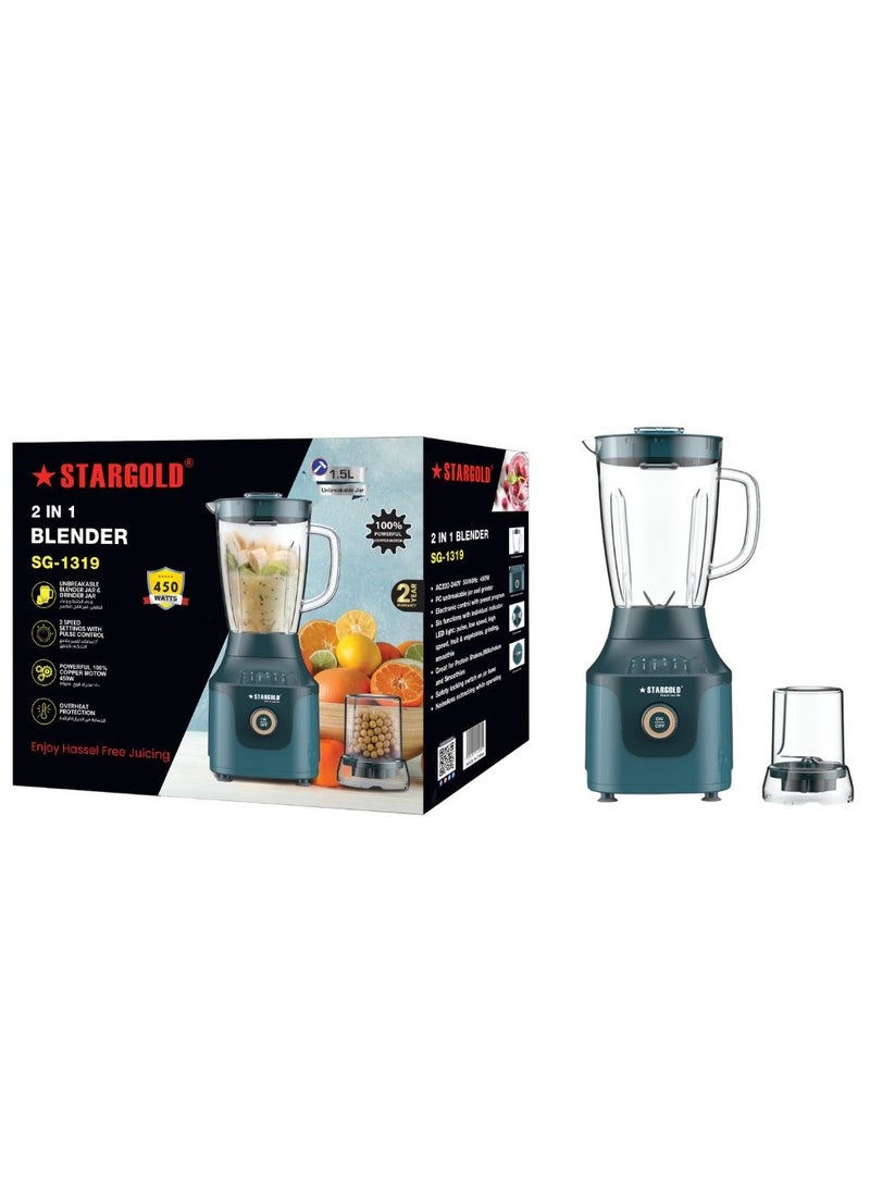 2 in 1 Blender 1.5L Unbreakable Jar and Grinder 2 Speed Settings Blender 450W