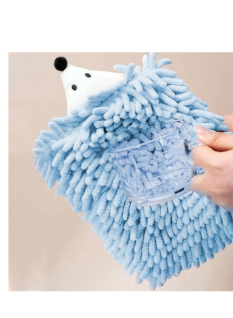 Hand Drying Towel Cute Hedgehog Chenille Hand Towel with Button Hanging Loop Microfiber Plush Absorbent Kids Hand Towels for Bathroom Kitchen Bedroom 2PCS