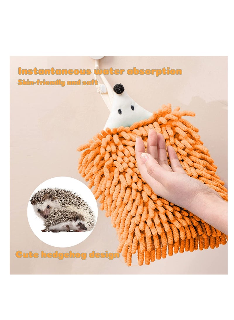 Hand Drying Towel Cute Hedgehog Chenille Hand Towel with Button Hanging Loop Microfiber Plush Absorbent Kids Hand Towels for Bathroom Kitchen Bedroom 2PCS