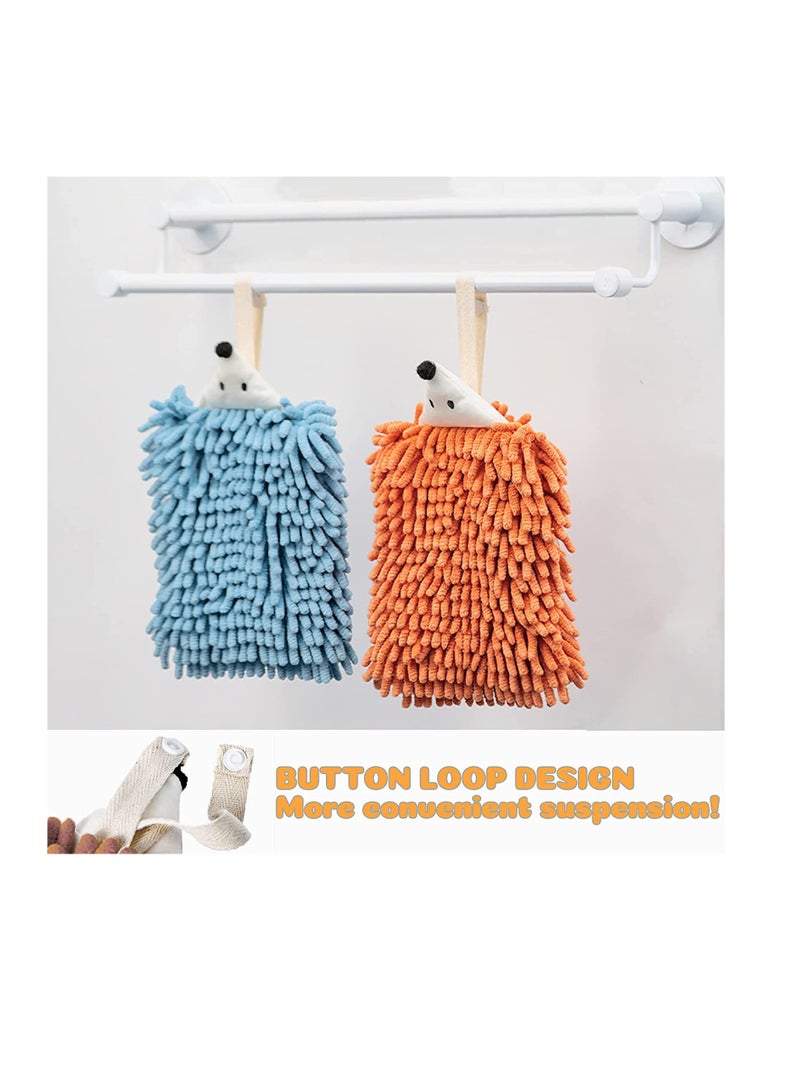 Hand Drying Towel Cute Hedgehog Chenille Hand Towel with Button Hanging Loop Microfiber Plush Absorbent Kids Hand Towels for Bathroom Kitchen Bedroom 2PCS