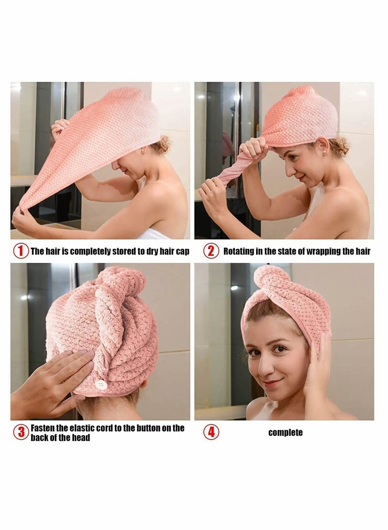 Drying Hair Towel, Microfiber Wrap Dry Cap, Magic Fast Towelette with Elastic Loop Button for Long Curly Anti-frizz All Types (Pink, Brown)
