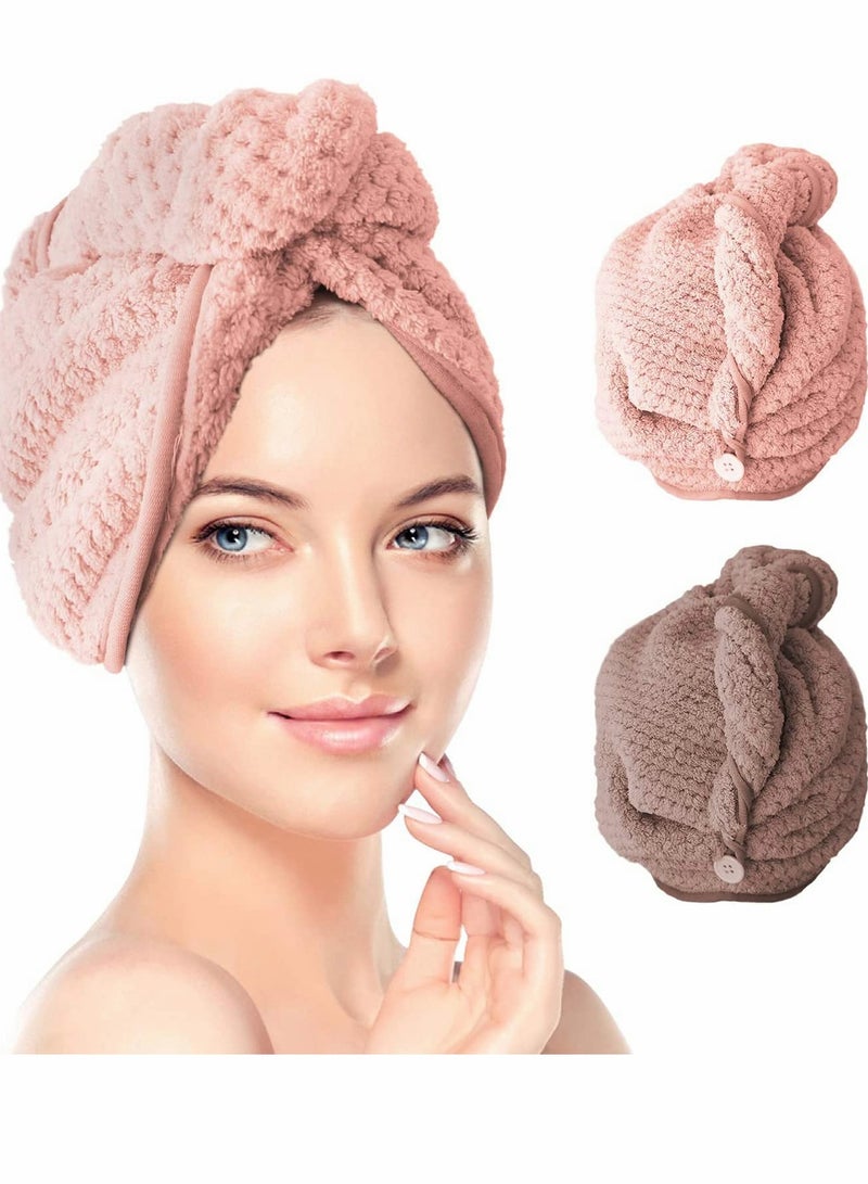 Drying Hair Towel, Microfiber Wrap Dry Cap, Magic Fast Towelette with Elastic Loop Button for Long Curly Anti-frizz All Types (Pink, Brown)