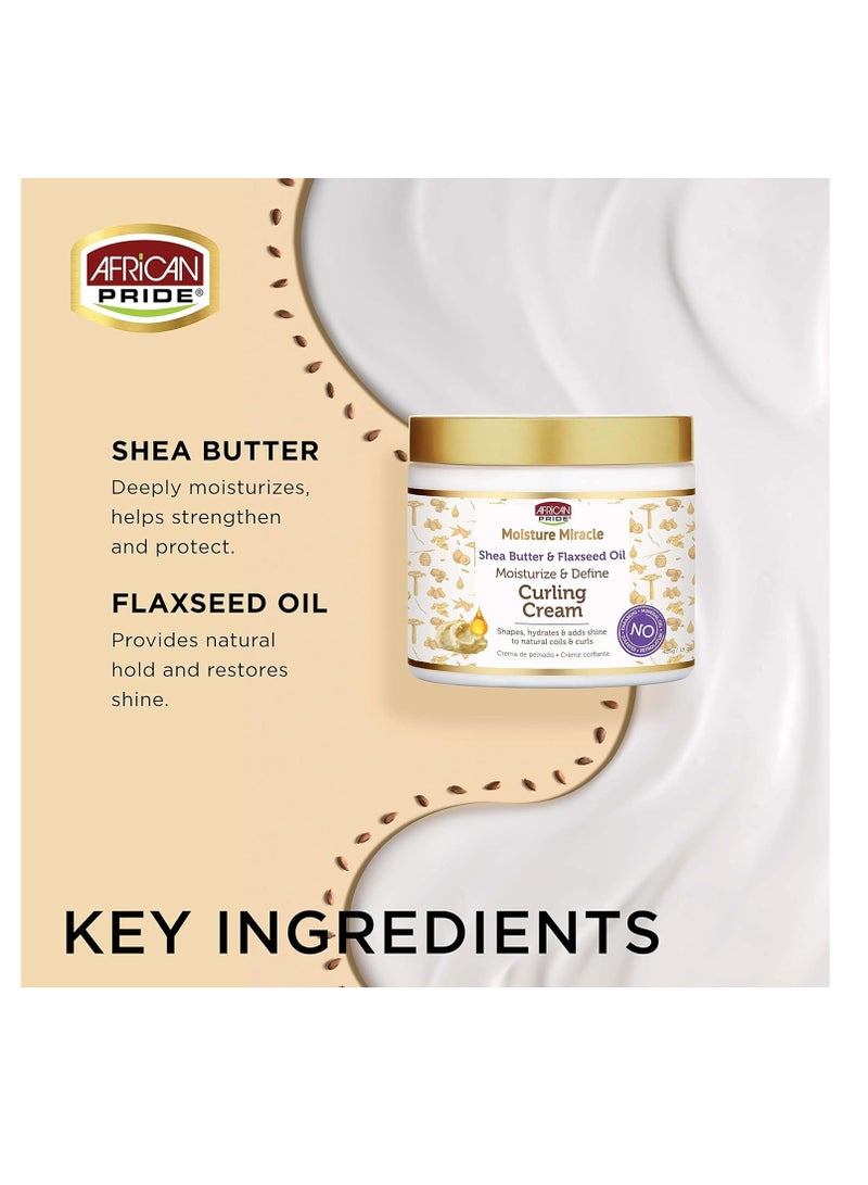 African Pride moisture miracle shea butter & flaxseed oil curling cream 3 pack shapes hydrates & adds shine to natural coils & curls moisturizes & defines hair 15 oz