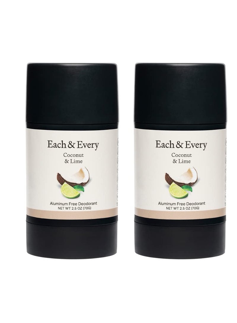 Each & Every 2 pack natural aluminum free deodorant for sensitive skin with essential oils plant based packaging coconut & lime 2.5 ounce pack of 2