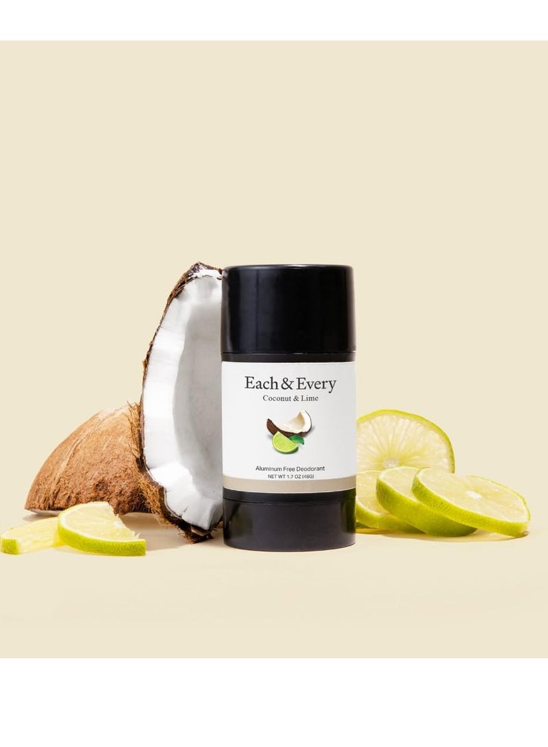 Each & Every 2 pack natural aluminum free deodorant for sensitive skin with essential oils plant based packaging coconut & lime 2.5 ounce pack of 2