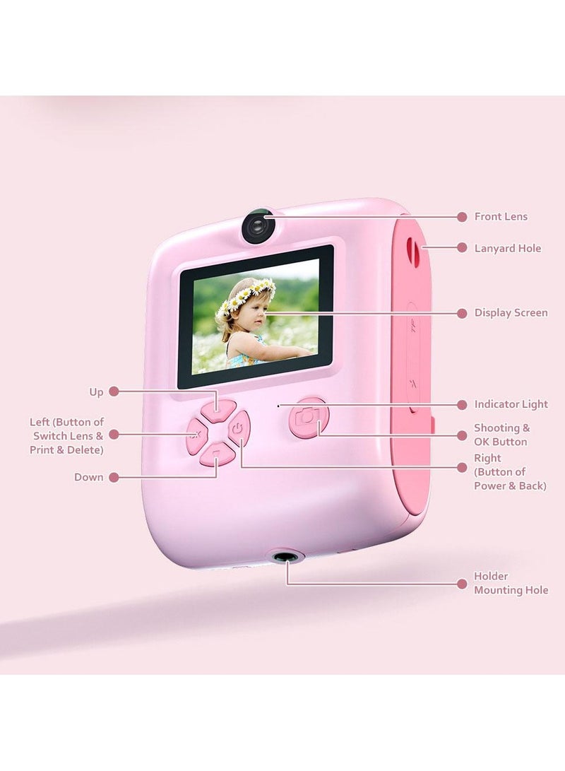 M1 Mini Print Camera for Children Instant Pictures Thermal Printing Camera 32 GB TF Card Display 2.0 inch 720P HD Video Photo, 3 coloring pens and 3 rolls included, Pink Unicorn