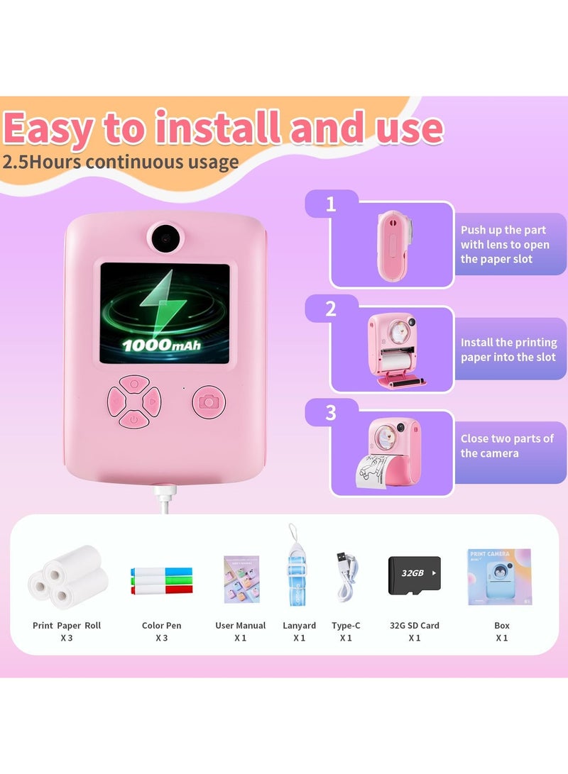 M1 Mini Print Camera for Children Instant Pictures Thermal Printing Camera 32 GB TF Card Display 2.0 inch 720P HD Video Photo, 3 coloring pens and 3 rolls included, Pink Unicorn