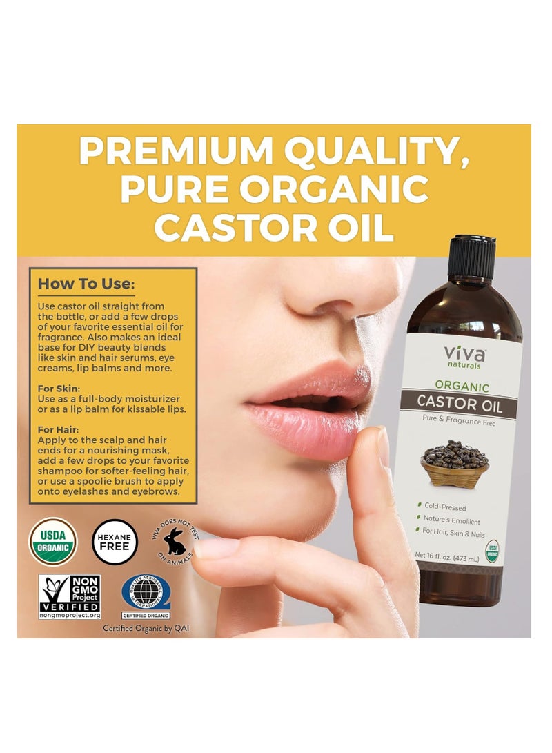 Viva Naturals Cold pressed Organic Castor Oil 16 fl oz - Castor Oil for Face, Castor Oil for Eyelashes, Traditional Eyebrow Growth Serum, Castor Oil for Hair Growth - Certified Organic & Non-GMO