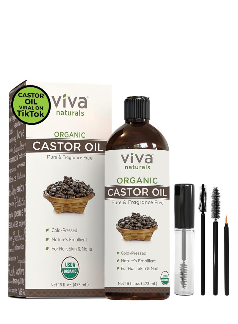 Viva Naturals Cold pressed Organic Castor Oil 16 fl oz - Castor Oil for Face, Castor Oil for Eyelashes, Traditional Eyebrow Growth Serum, Castor Oil for Hair Growth - Certified Organic & Non-GMO