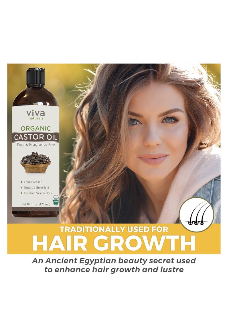 Viva Naturals Cold pressed Organic Castor Oil 16 fl oz - Castor Oil for Face, Castor Oil for Eyelashes, Traditional Eyebrow Growth Serum, Castor Oil for Hair Growth - Certified Organic & Non-GMO