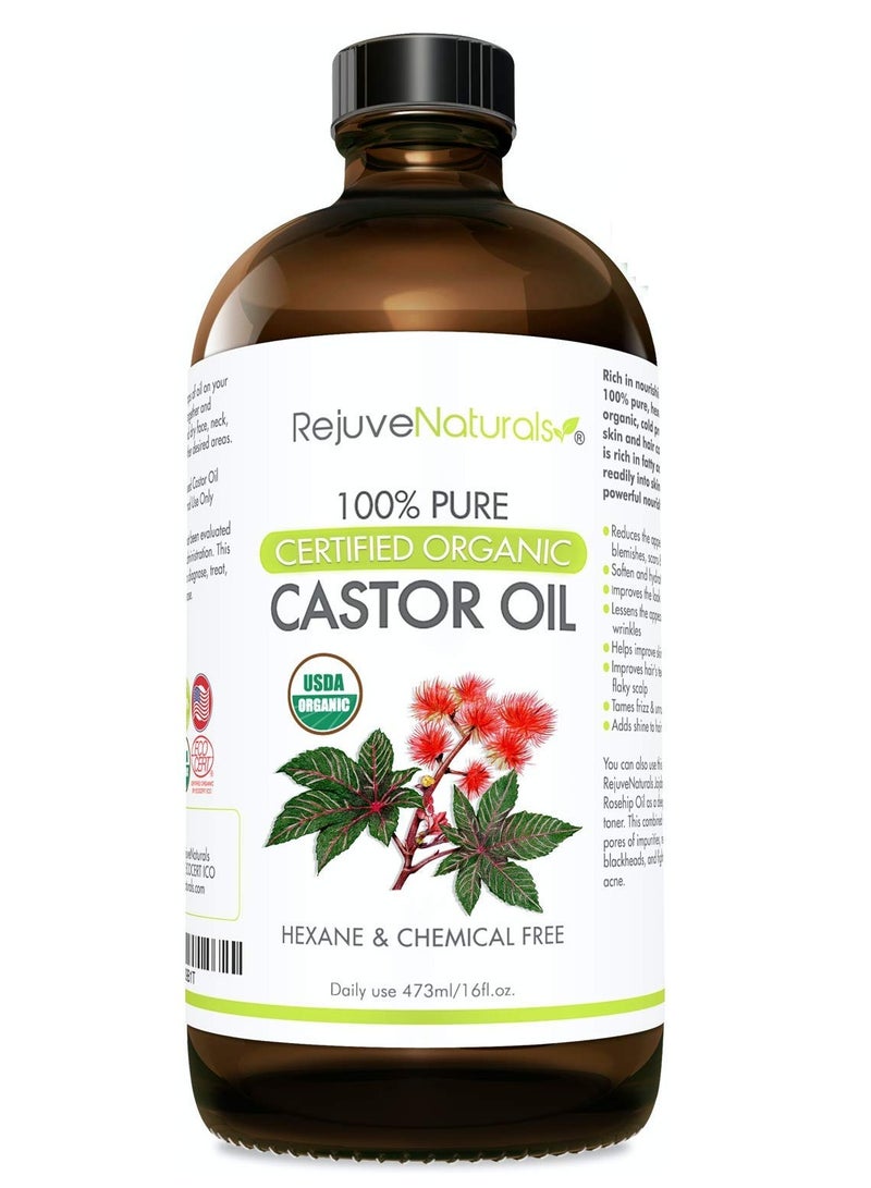 RejuveNaturals Castor Oil (16oz Glass Bottle) USDA Certified Organic, 100% Pure, Cold Pressed, Hexane Free. Boost Hair Growth for Thicker, Fuller Hair, Lashes & Eyebrows.