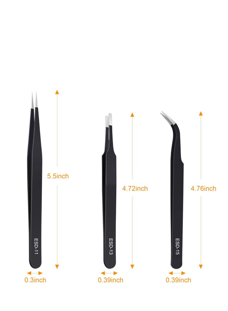 kaverme 3 pcs precision tweezers set upgraded anti-static stainless steel of tweezers for electronics soldering laboratory work jewelry making model craft