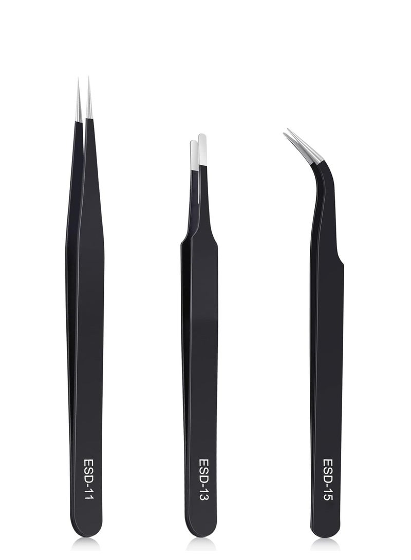 kaverme 3 pcs precision tweezers set upgraded anti-static stainless steel of tweezers for electronics soldering laboratory work jewelry making model craft