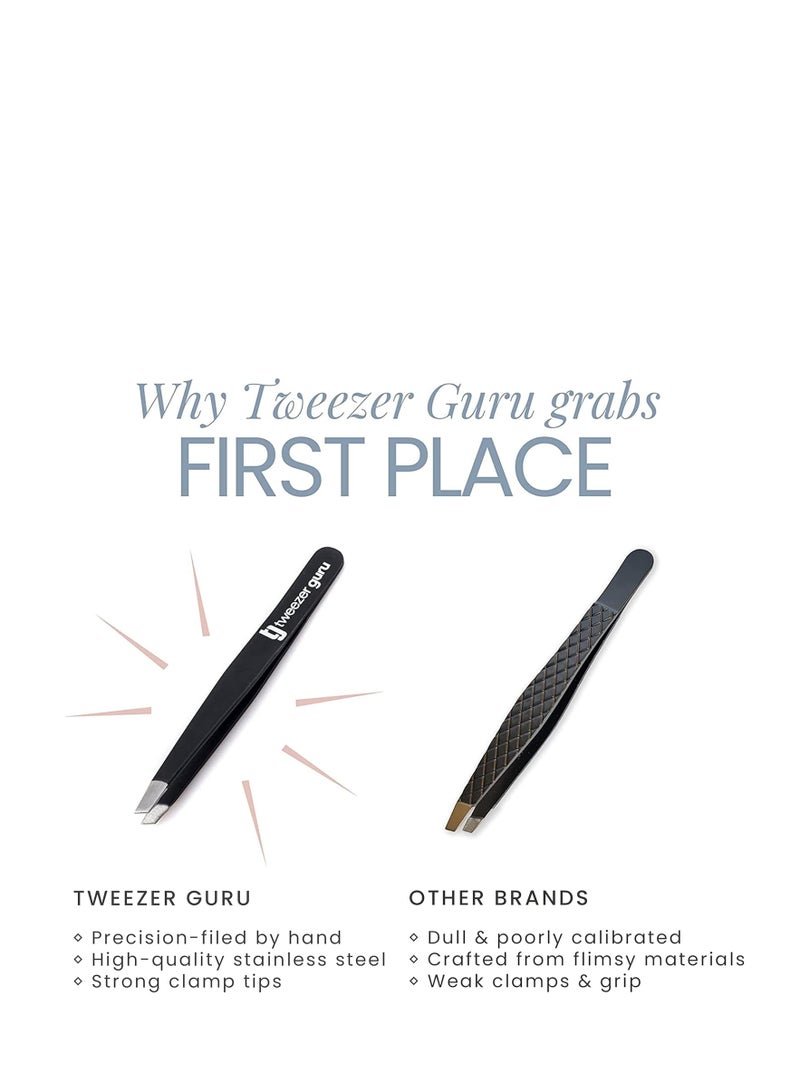 Tweezer Guru Tweezers for Women - Slant Pointed Precision Tweezers for Eyebrows & Ingrown Hair Removal - Blackhead and Splinter Tweezer with Sharp Needle Nose Point for Plucking (Black)