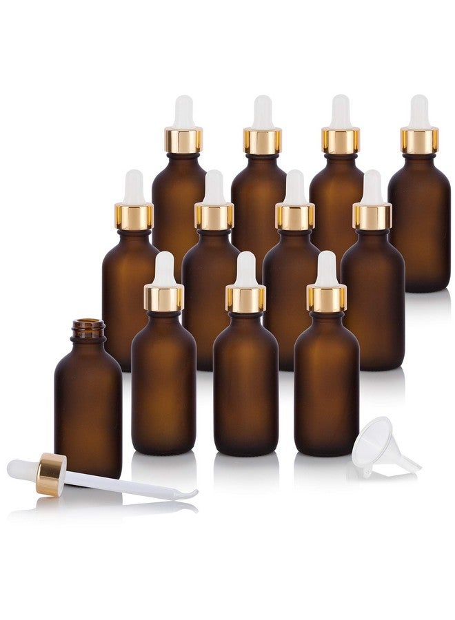 2 Oz Frosted Amber Glass Boston Round Bottle With Gold Metal And Glass Dropper (12 Pack) + Funnel