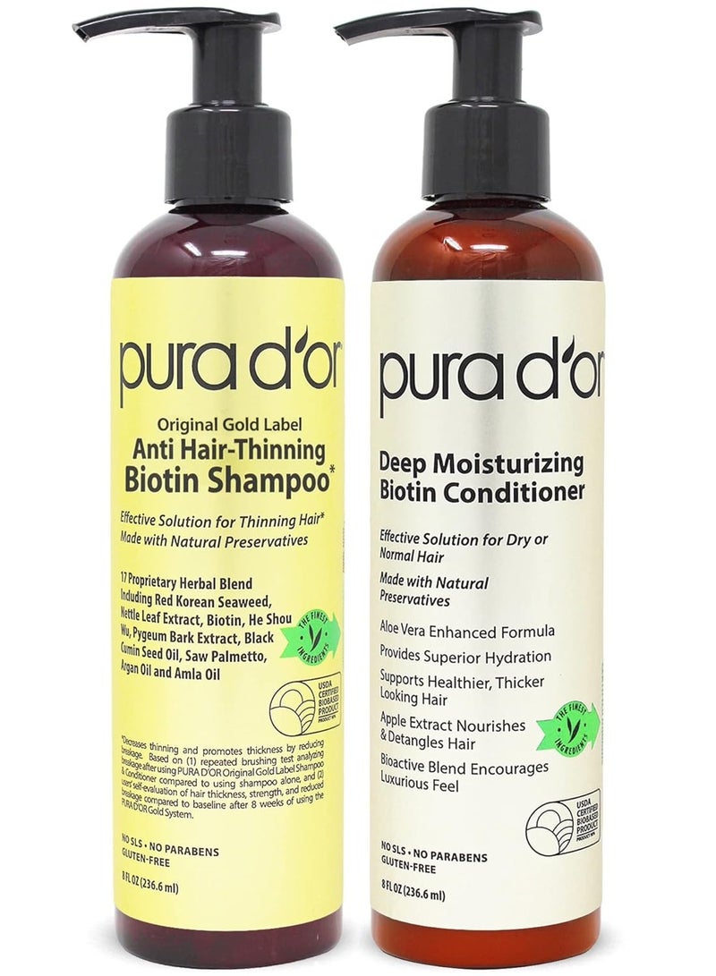 PURA D'OR anti thinning biotin shampoo and conditioner natural earthy scent clinically tested proven results DHT blocker thickening products for women & men original gold label hair care set 8oz x 2