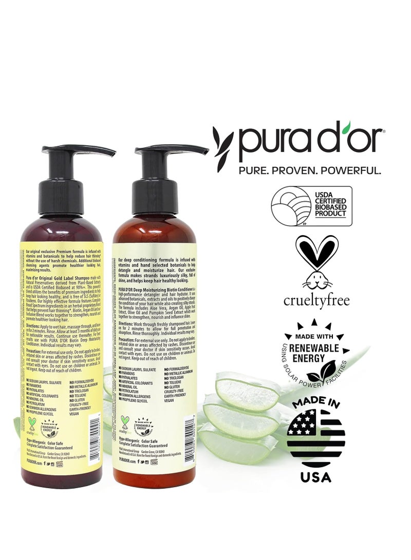 PURA D'OR anti thinning biotin shampoo and conditioner natural earthy scent clinically tested proven results DHT blocker thickening products for women & men original gold label hair care set 8oz x 2