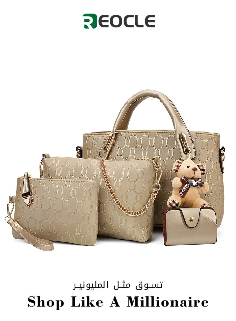 Women's 4 Pcs Handbags Set Top Handle Shoulder Crossbody Bag Handle Satchel Hobo Handbag Set Large Tote & Purse & Shoulder Bag & Card Holder Tote Bag